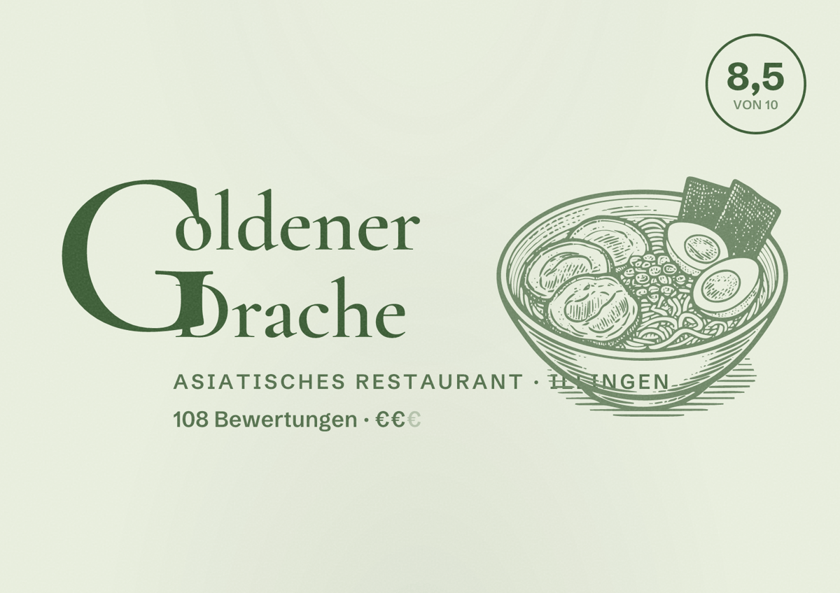 Illustriertes Poster von Goldener Drache, Asiatisches Restaurant in Illingen: Bewertung 8,5 von 10 aus 108 Bewertungen, Preisniveau €€