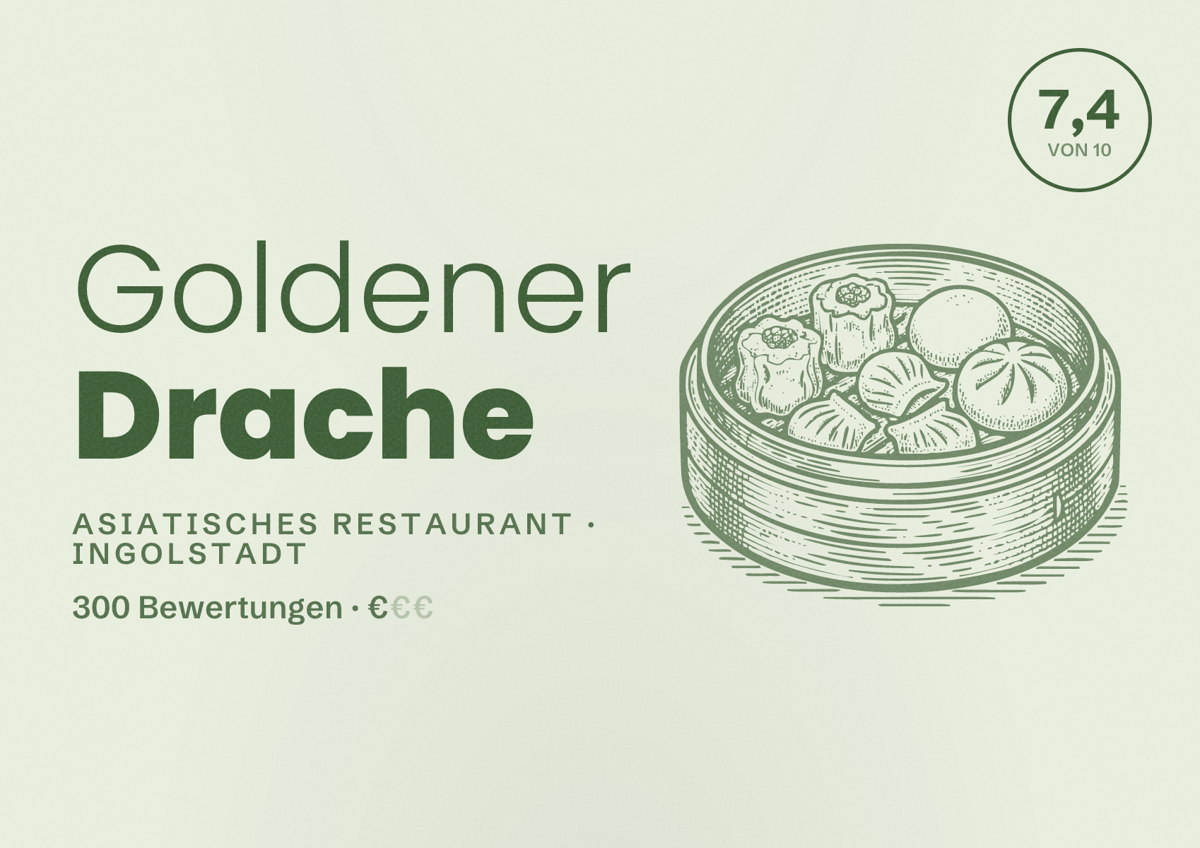 Illustriertes Poster von Goldener Drache, Asiatisches Restaurant in Ingolstadt: Bewertung 7,4 von 10 aus 300 Bewertungen, Preisniveau €