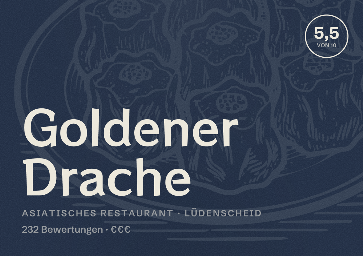 Illustriertes Poster von Goldener Drache, Asiatisches Restaurant in Lüdenscheid: Bewertung 5,5 von 10 aus 232 Bewertungen, Preisniveau €€€