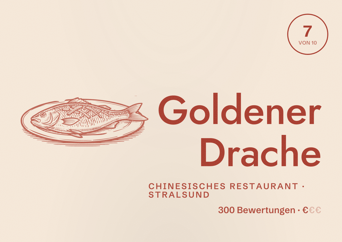Illustriertes Poster von Goldener Drache, Chinesisches Restaurant in Stralsund: Bewertung 7 von 10 aus 300 Bewertungen, Preisniveau €