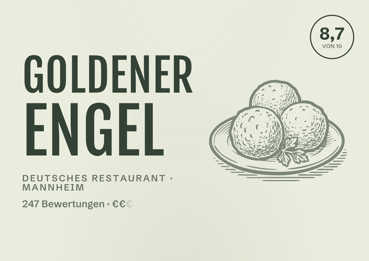 Illustriertes Poster von Goldener Engel, Deutsches Restaurant in Mannheim: Bewertung 8,7 von 10 aus 247 Bewertungen, Preisniveau €€