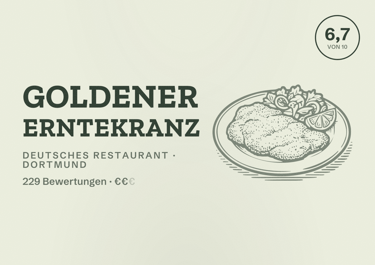 Illustriertes Poster von Goldener Erntekranz, Deutsches Restaurant in Dortmund: Gästebewertung 6,7 von 10 aus 229 Bewertungen