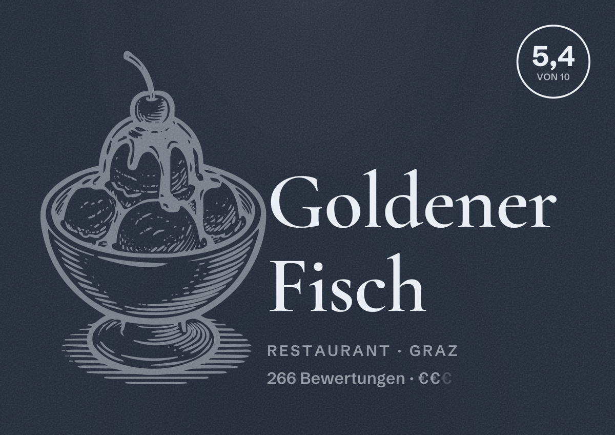 Illustriertes Poster von Goldener Fisch, Restaurant in Graz: Bewertung 5,4 von 10 aus 266 Bewertungen, Preisniveau €€