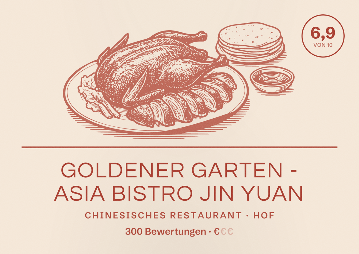 Illustriertes Poster von Goldener Garten - Asia Bistro Jin Yuan, Chinesisches Restaurant in Hof: Bewertung 6,9 von 10 aus 300 Bewertungen, Preisniveau €