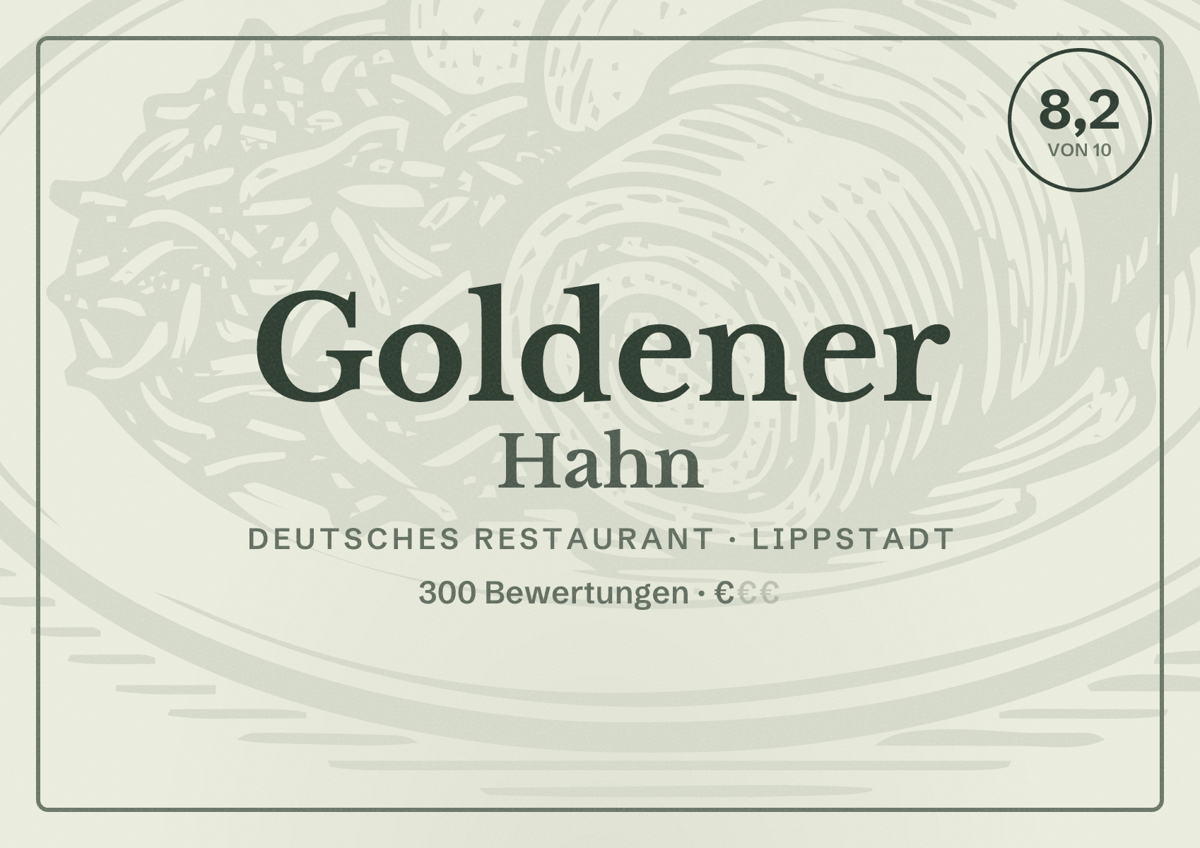 Illustriertes Poster von Goldener Hahn, Deutsches Restaurant in Lippstadt: Bewertung 8,2 von 10 aus 300 Bewertungen, Preisniveau €