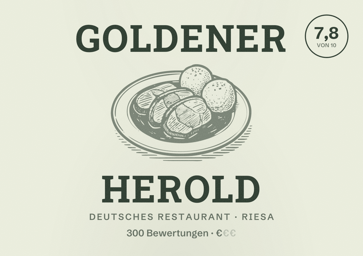 Illustriertes Poster von Goldener Herold, Deutsches Restaurant in Riesa: Bewertung 7,8 von 10 aus 300 Bewertungen, Preisniveau €