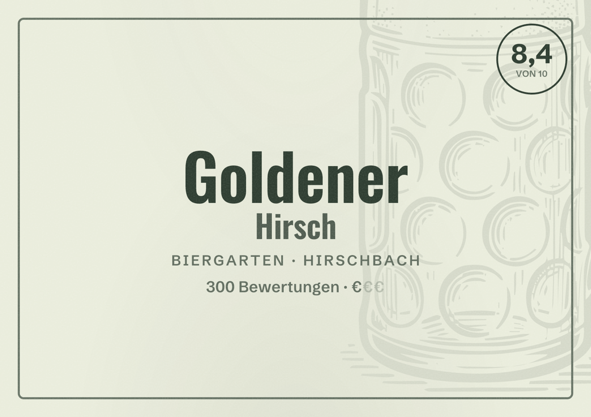 Illustriertes Poster von Goldener Hirsch, Biergarten in Hirschbach: Bewertung 8,4 von 10 aus 300 Bewertungen, Preisniveau €