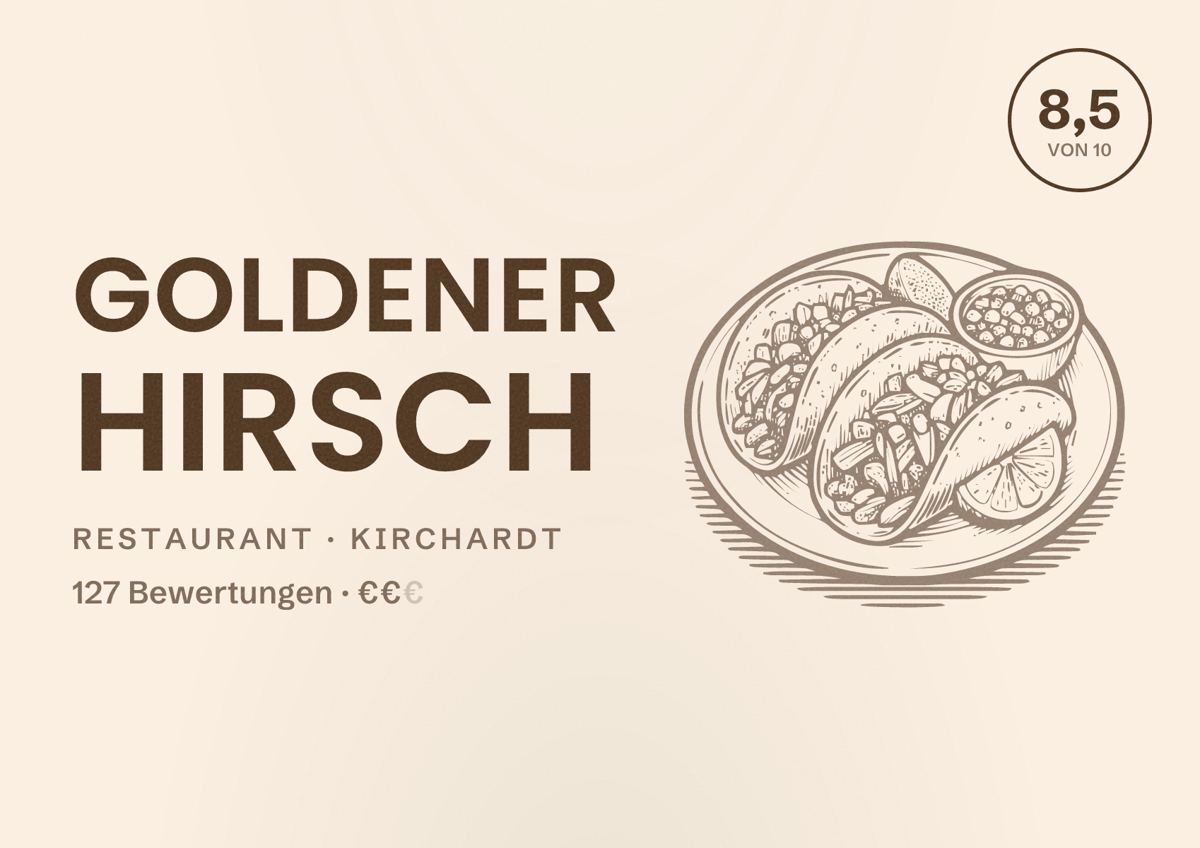 Illustriertes Poster von Goldener Hirsch, Restaurant in Kirchardt: Bewertung 8,5 von 10 aus 127 Bewertungen, Preisniveau €€
