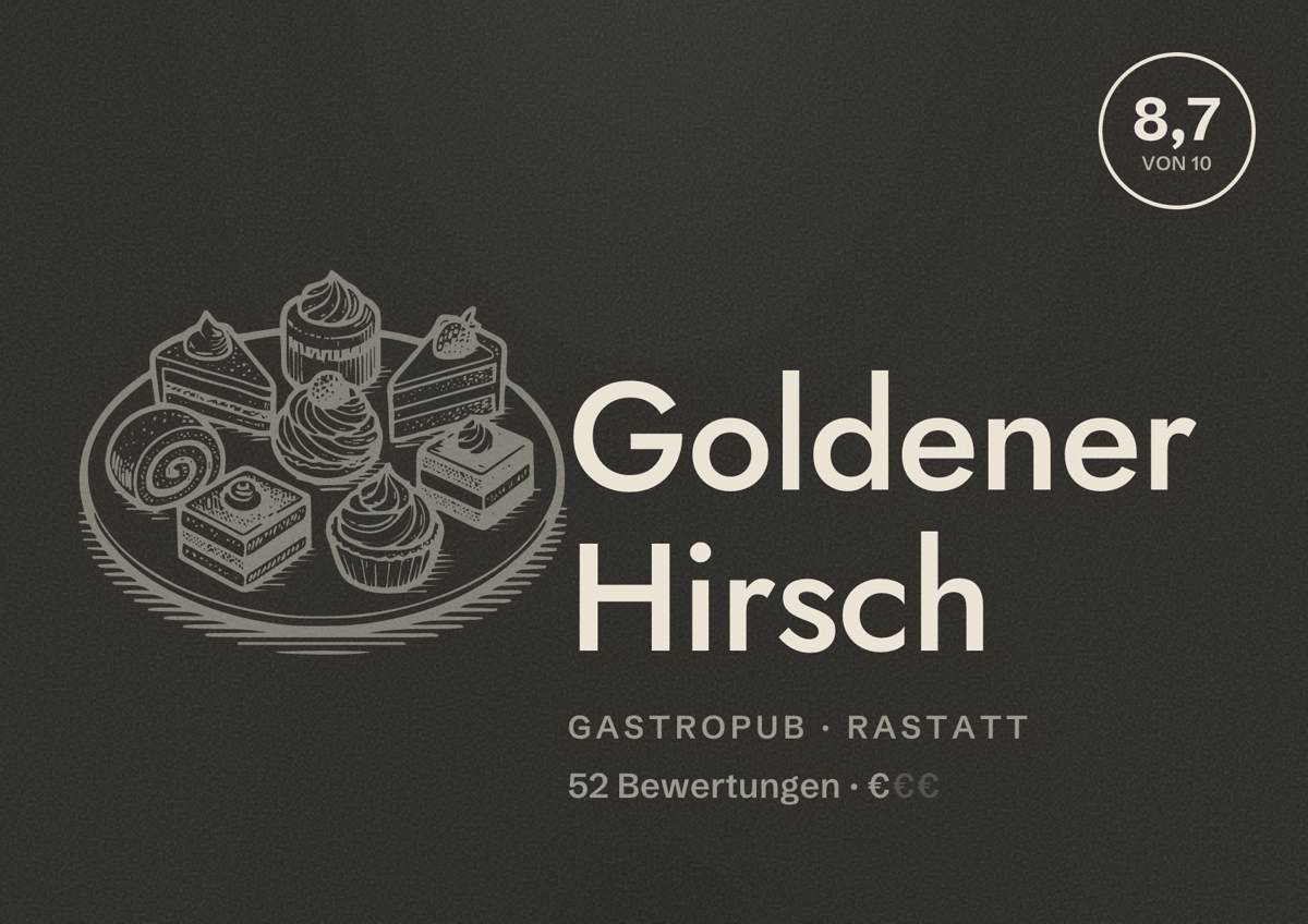 Illustriertes Poster von Goldener Hirsch, Gastropub in Rastatt: Bewertung 8,7 von 10 aus 52 Bewertungen, Preisniveau €