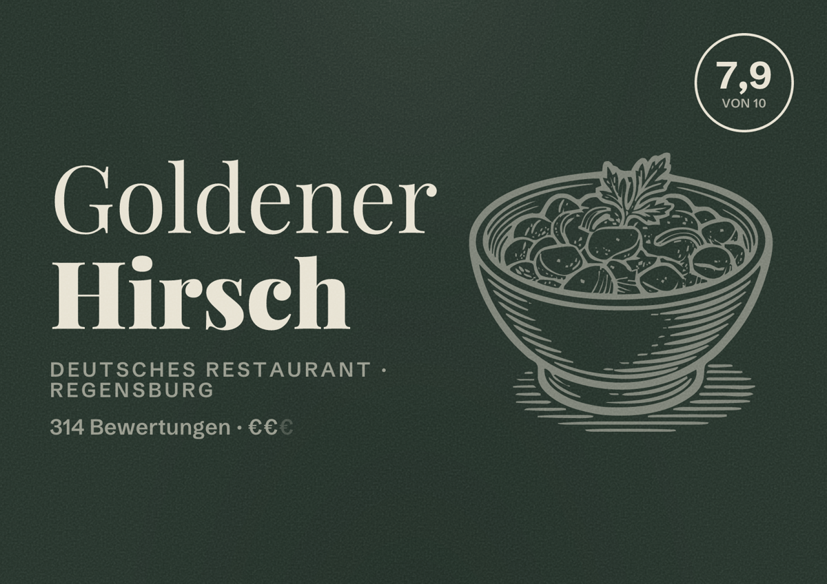 Illustriertes Poster von Goldener Hirsch, Deutsches Restaurant in Regensburg: Bewertung 7,9 von 10 aus 314 Bewertungen, Preisniveau €€