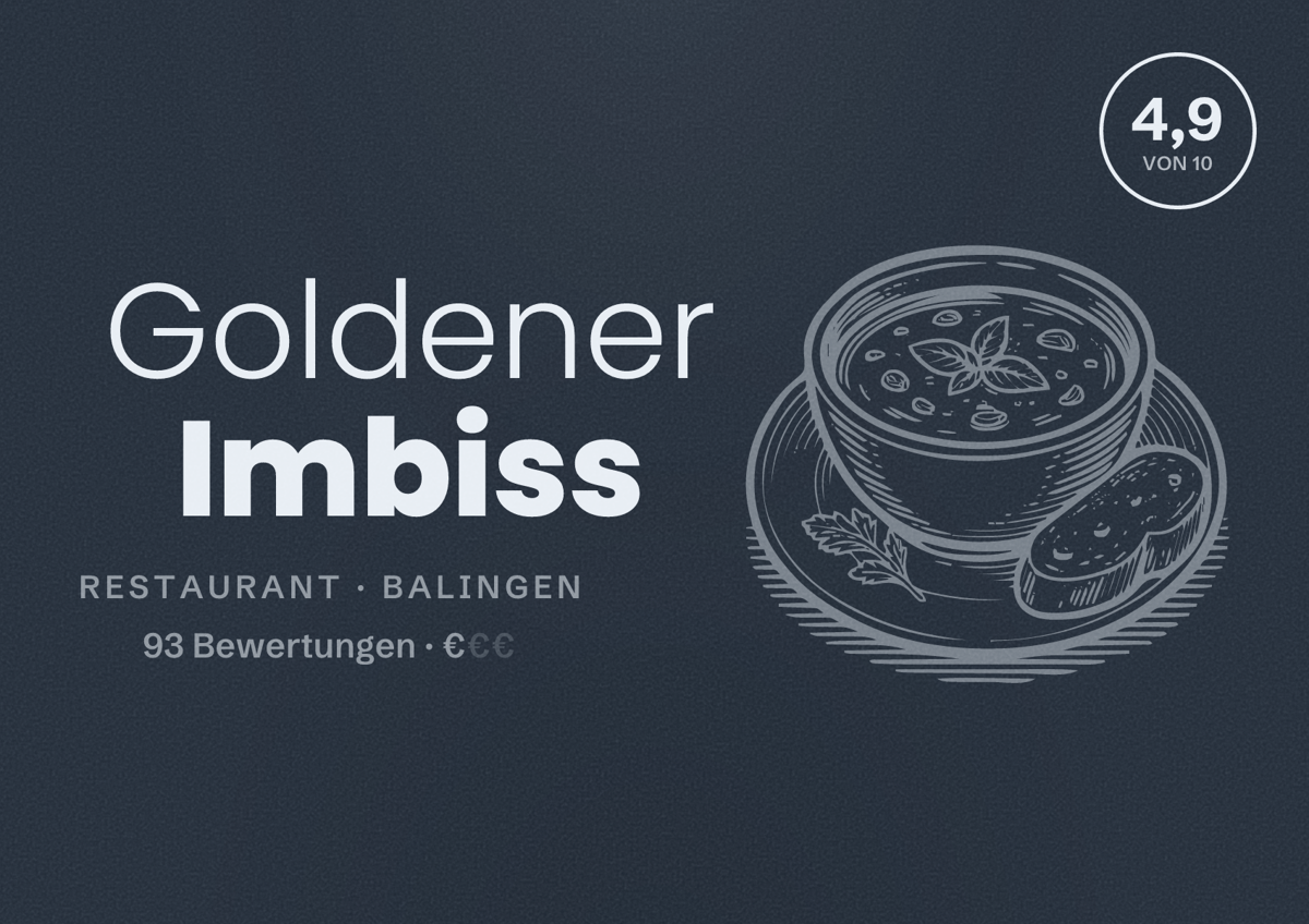Illustriertes Poster von Goldener Imbiss, Restaurant in Balingen: Bewertung 4,9 von 10 aus 93 Bewertungen, Preisniveau €