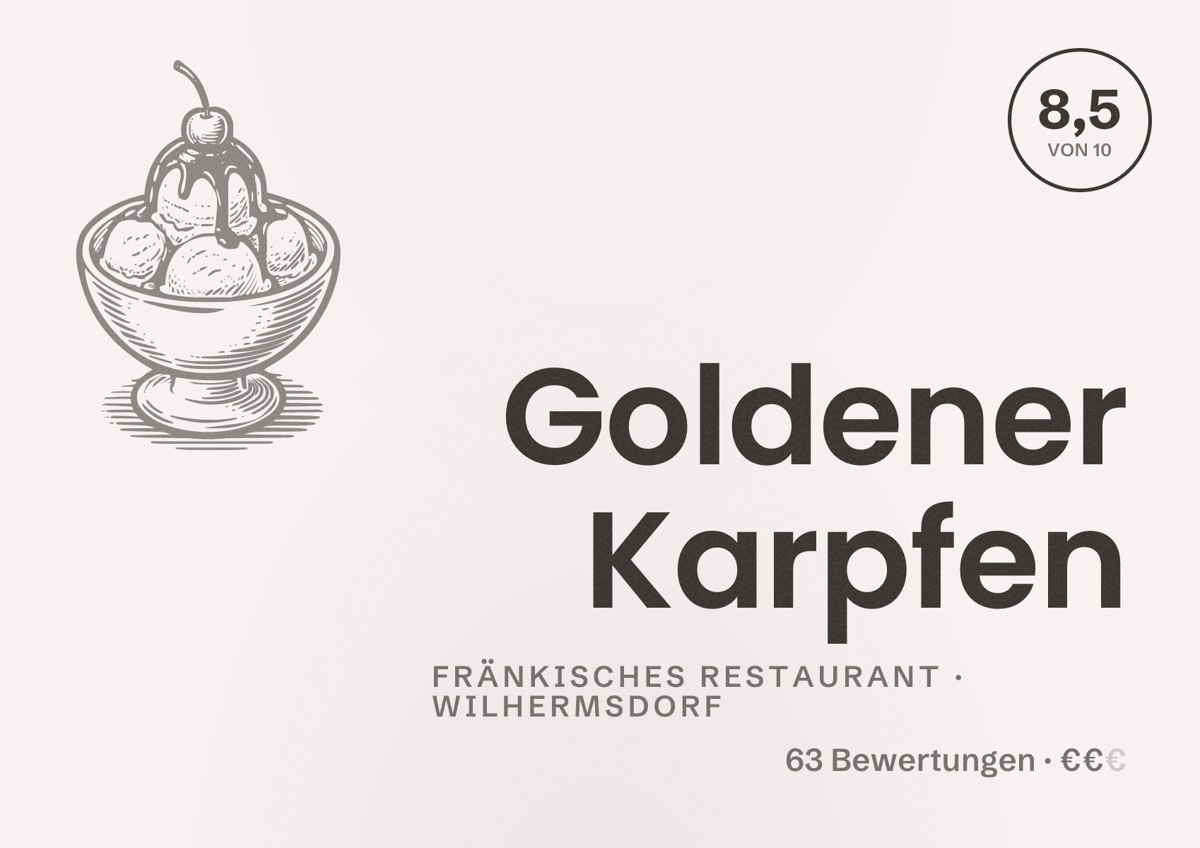 Illustriertes Poster von Goldener Karpfen, Fränkisches Restaurant in Wilhermsdorf: Bewertung 8,5 von 10 aus 63 Bewertungen, Preisniveau €€