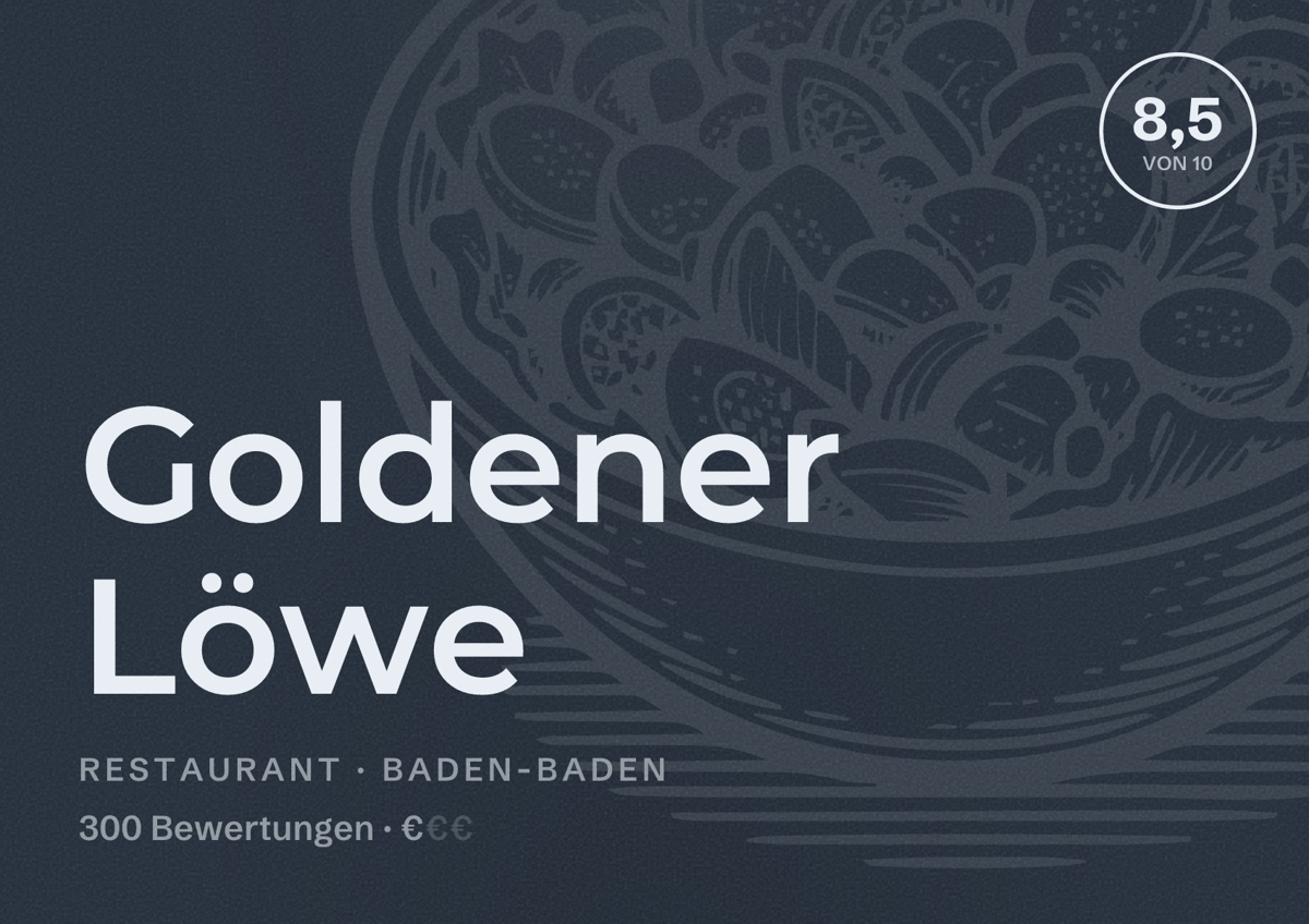 Illustriertes Poster von Goldener Löwe, Restaurant in Baden-Baden: Bewertung 8,5 von 10 aus 300 Bewertungen, Preisniveau €