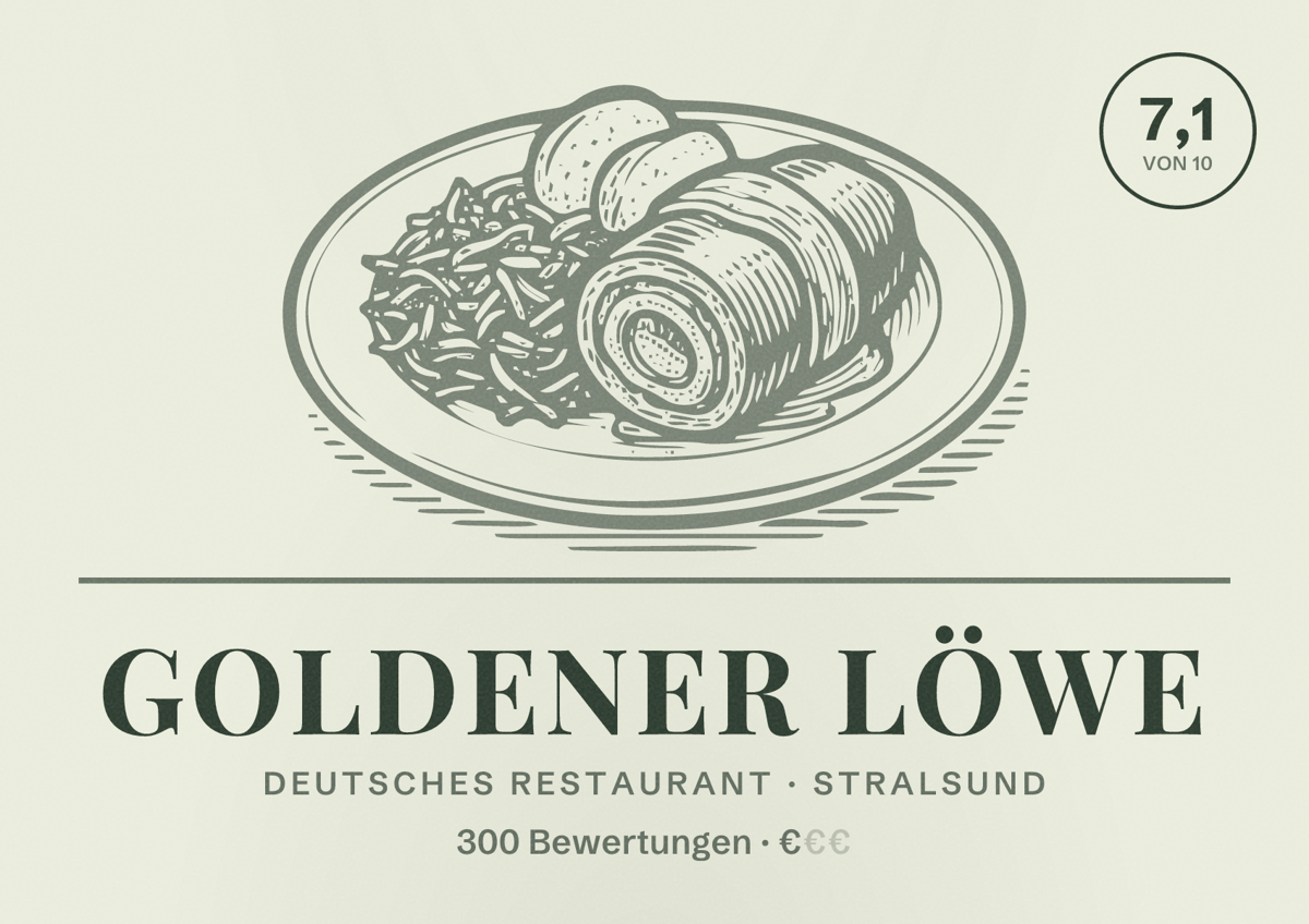 Illustriertes Poster von Goldener Löwe, Deutsches Restaurant in Stralsund: Bewertung 7,1 von 10 aus 300 Bewertungen, Preisniveau €