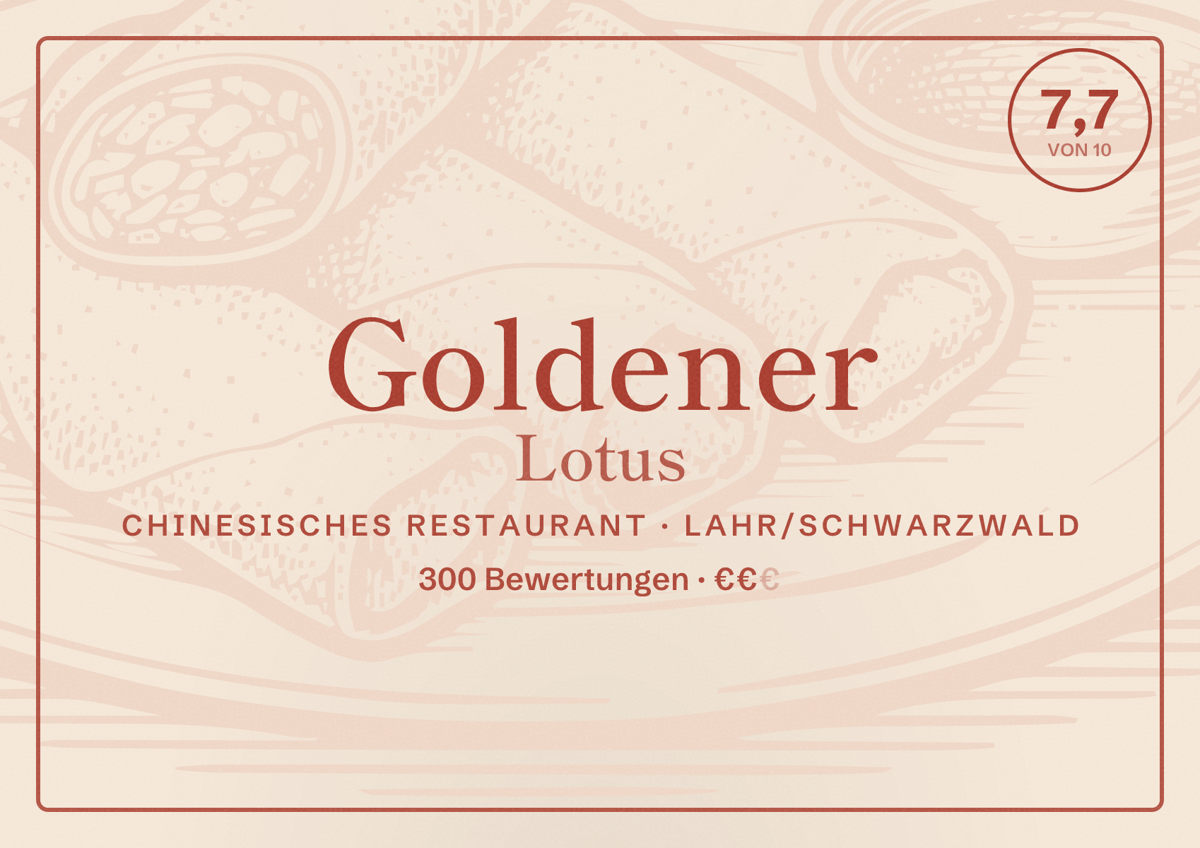 Illustriertes Poster von Goldener Lotus, Chinesisches Restaurant in Lahr/Schwarzwald: Bewertung 7,7 von 10 aus 300 Bewertungen, Preisniveau €€