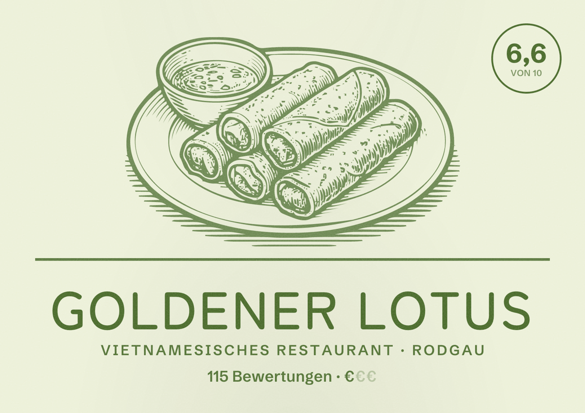 Illustriertes Poster von Goldener Lotus, Vietnamesisches Restaurant in Rodgau: Bewertung 6,6 von 10 aus 115 Bewertungen, Preisniveau €