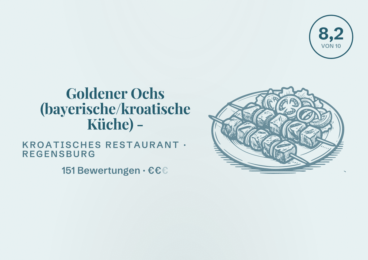 Illustriertes Poster von Goldener Ochs (bayerische/kroatische Küche) -, Kroatisches Restaurant in Regensburg: Bewertung 8,2 von 10 aus 151 Bewertungen, Preisniveau €€