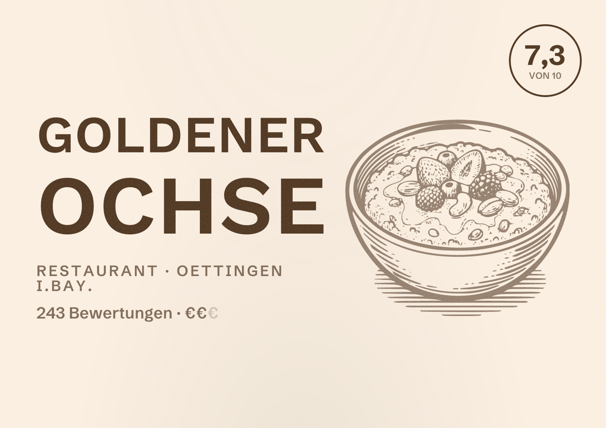Illustriertes Poster von Goldener Ochse, Restaurant in Oettingen i.Bay.: Bewertung 7,3 von 10 aus 243 Bewertungen, Preisniveau €€