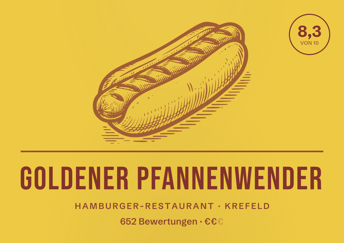 Illustriertes Poster von Goldener Pfannenwender, Hamburger-Restaurant in Krefeld: Bewertung 8,3 von 10 aus 652 Bewertungen, Preisniveau €€