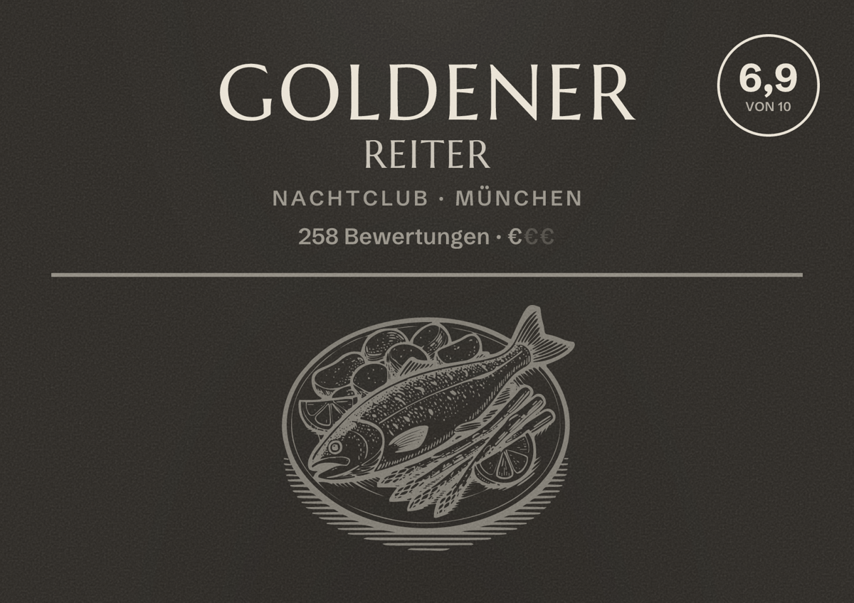 Illustriertes Poster von Goldener Reiter, Nachtclub in München: Bewertung 6,9 von 10 aus 258 Bewertungen, Preisniveau €