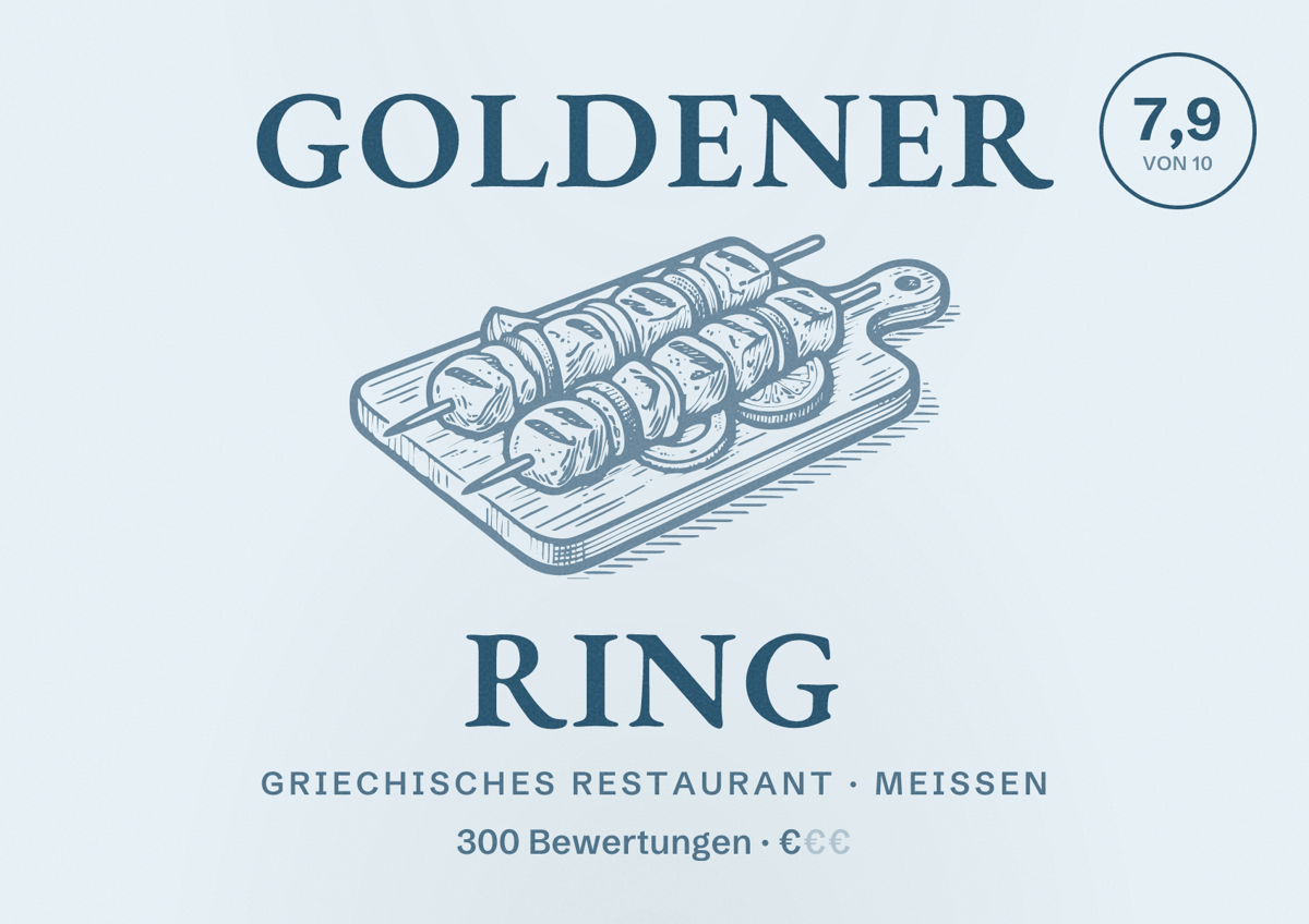 Illustriertes Poster von Goldener Ring, Griechisches Restaurant in Meißen: Bewertung 7,9 von 10 aus 300 Bewertungen, Preisniveau €