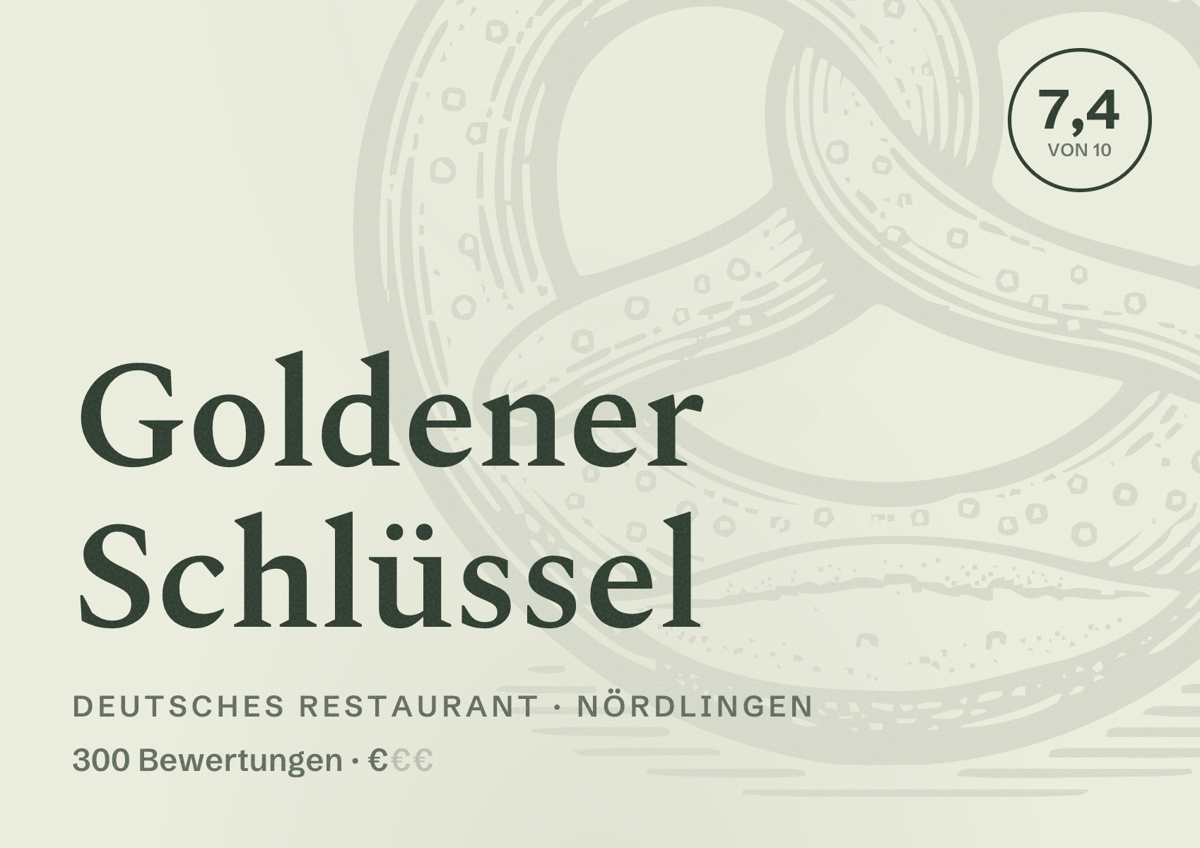 Illustriertes Poster von Goldener Schlüssel, Deutsches Restaurant in Nördlingen: Bewertung 7,4 von 10 aus 300 Bewertungen, Preisniveau €