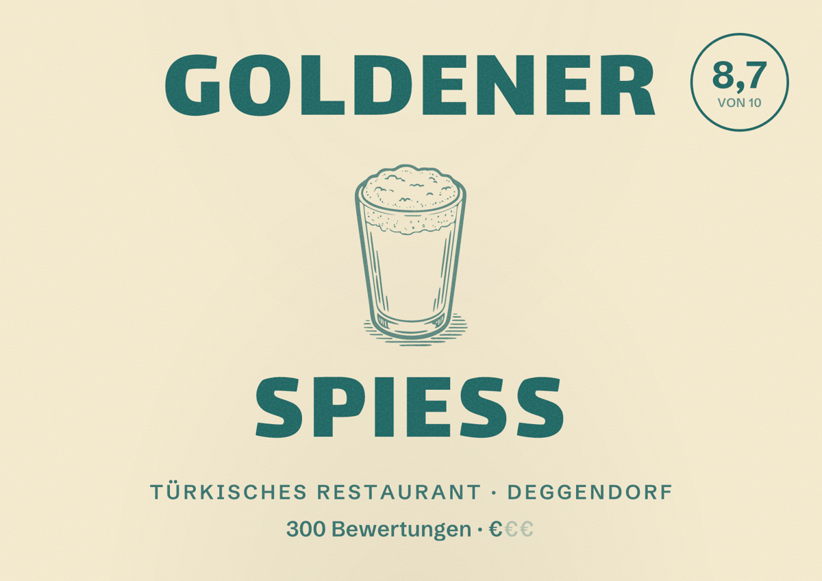 Illustriertes Poster von Goldener Spieß, Türkisches Restaurant in Deggendorf: Bewertung 8,7 von 10 aus 300 Bewertungen, Preisniveau €