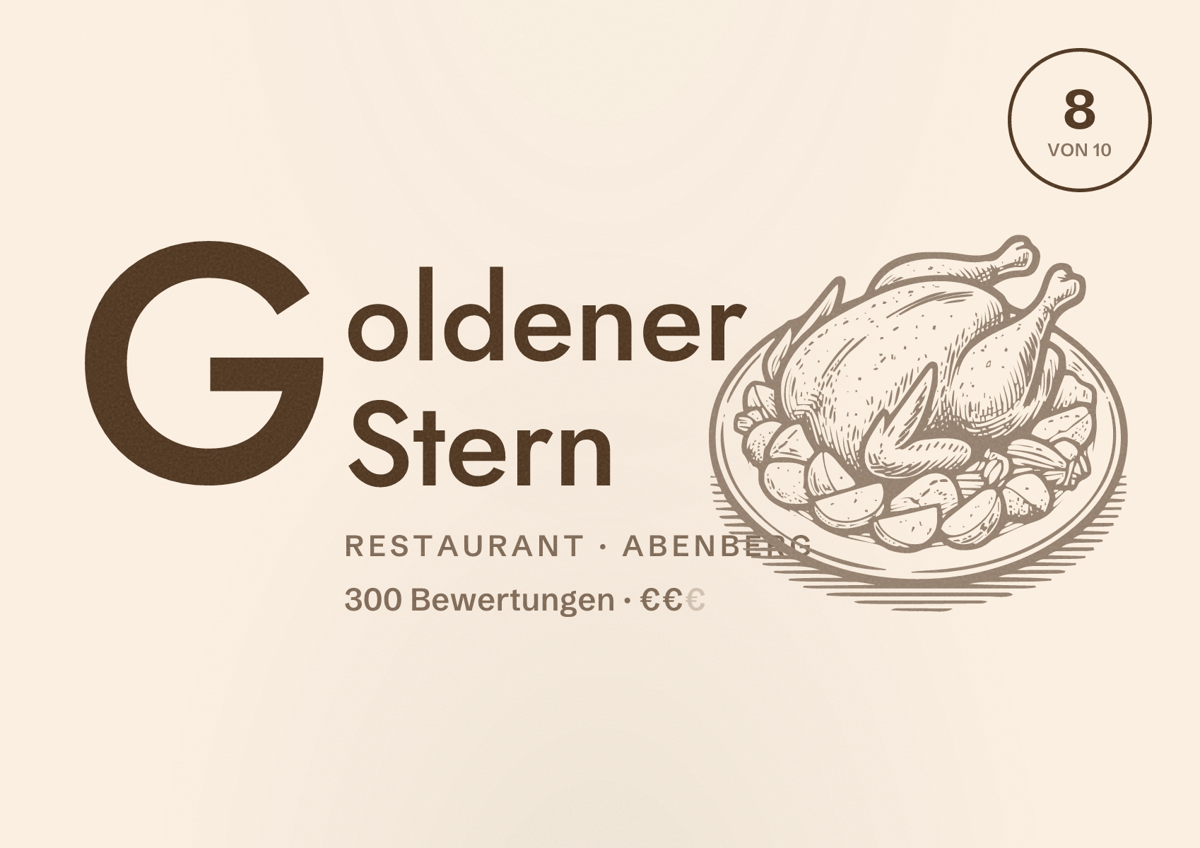 Illustriertes Poster von Goldener Stern, Restaurant in Abenberg: Bewertung 8 von 10 aus 300 Bewertungen, Preisniveau €€