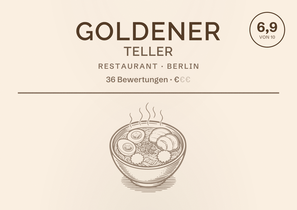 Illustriertes Poster von Goldener Teller, Restaurant in Berlin: Bewertung 6,9 von 10 aus 36 Bewertungen, Preisniveau €