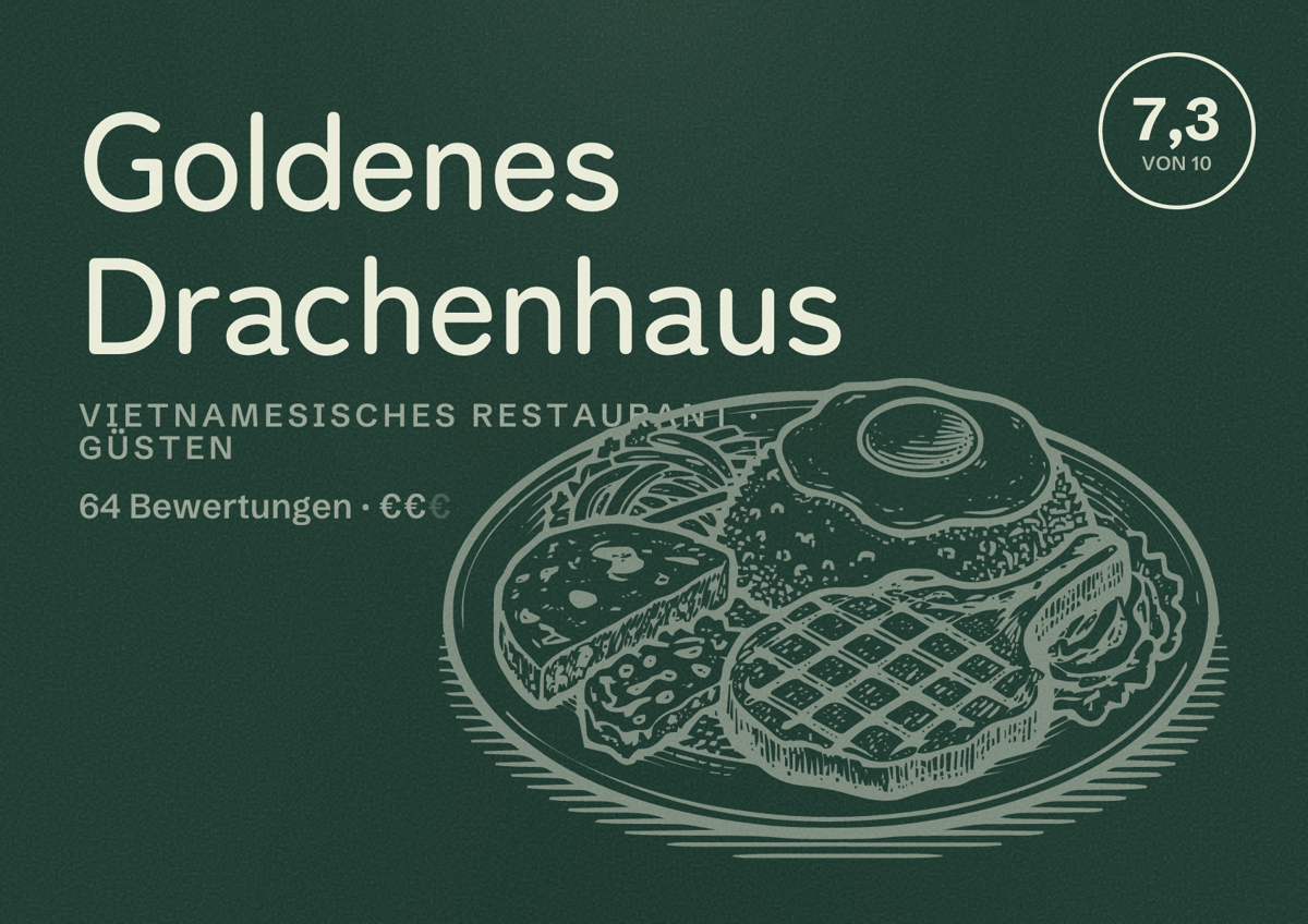 Illustriertes Poster von Goldenes Drachenhaus, Vietnamesisches Restaurant in Güsten: Bewertung 7,3 von 10 aus 64 Bewertungen, Preisniveau €€