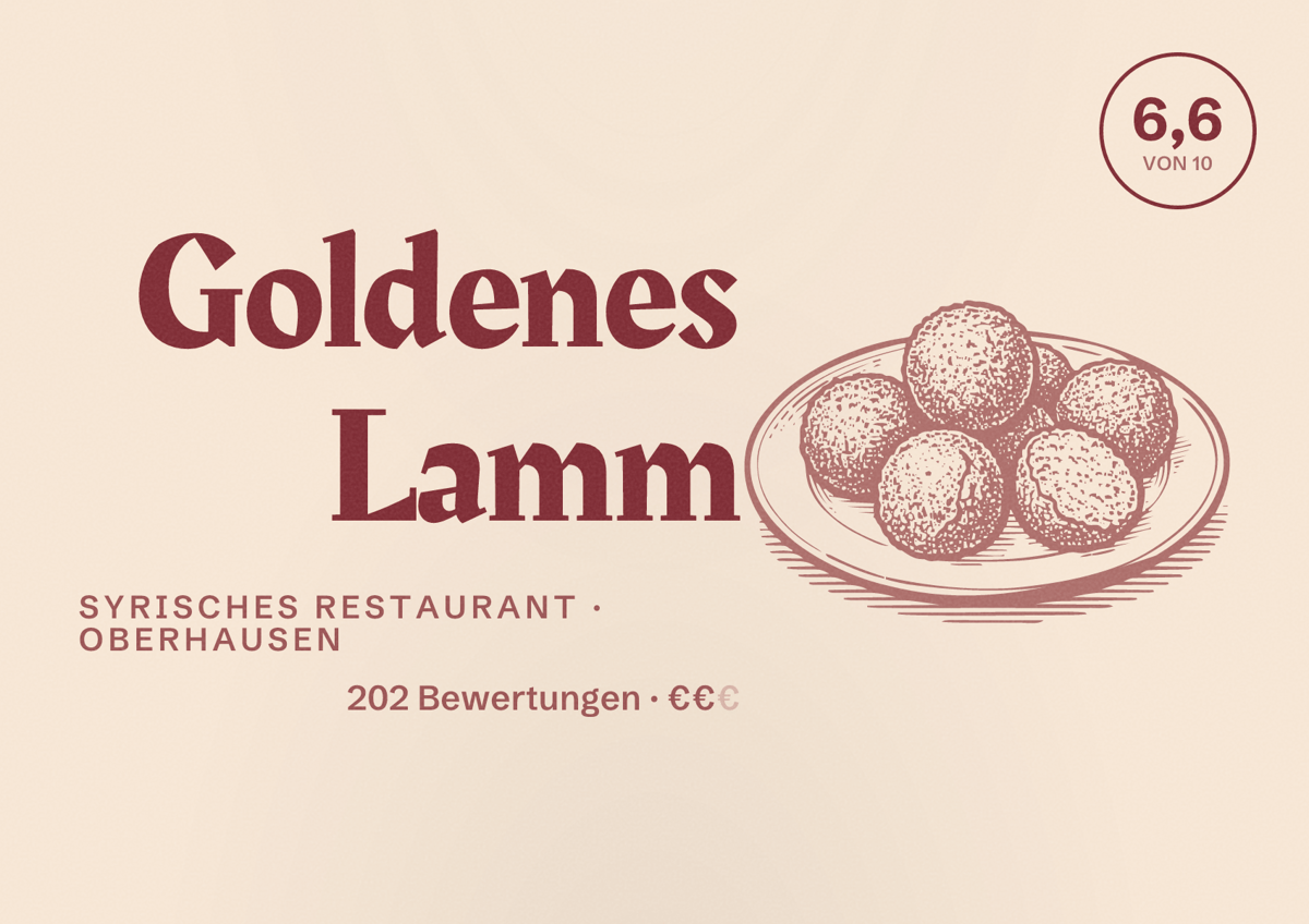 Illustriertes Poster von Goldenes Lamm, Syrisches Restaurant in Oberhausen: Bewertung 6,6 von 10 aus 202 Bewertungen, Preisniveau €€