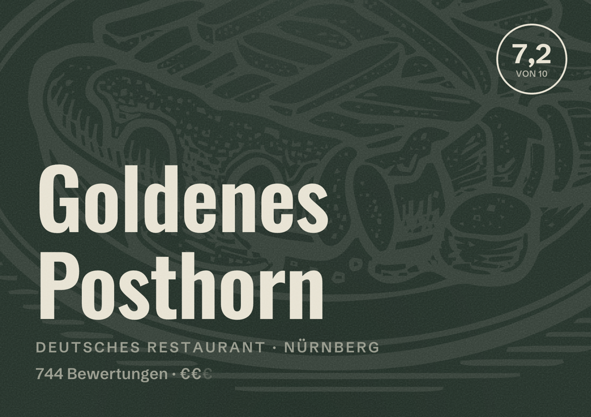 Illustriertes Poster von Goldenes Posthorn, Deutsches Restaurant in Nürnberg: Bewertung 7,2 von 10 aus 744 Bewertungen, Preisniveau €€