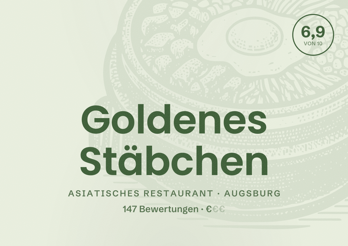 Illustriertes Poster von Goldenes Stäbchen, Asiatisches Restaurant in Augsburg: Bewertung 6,9 von 10 aus 147 Bewertungen, Preisniveau €