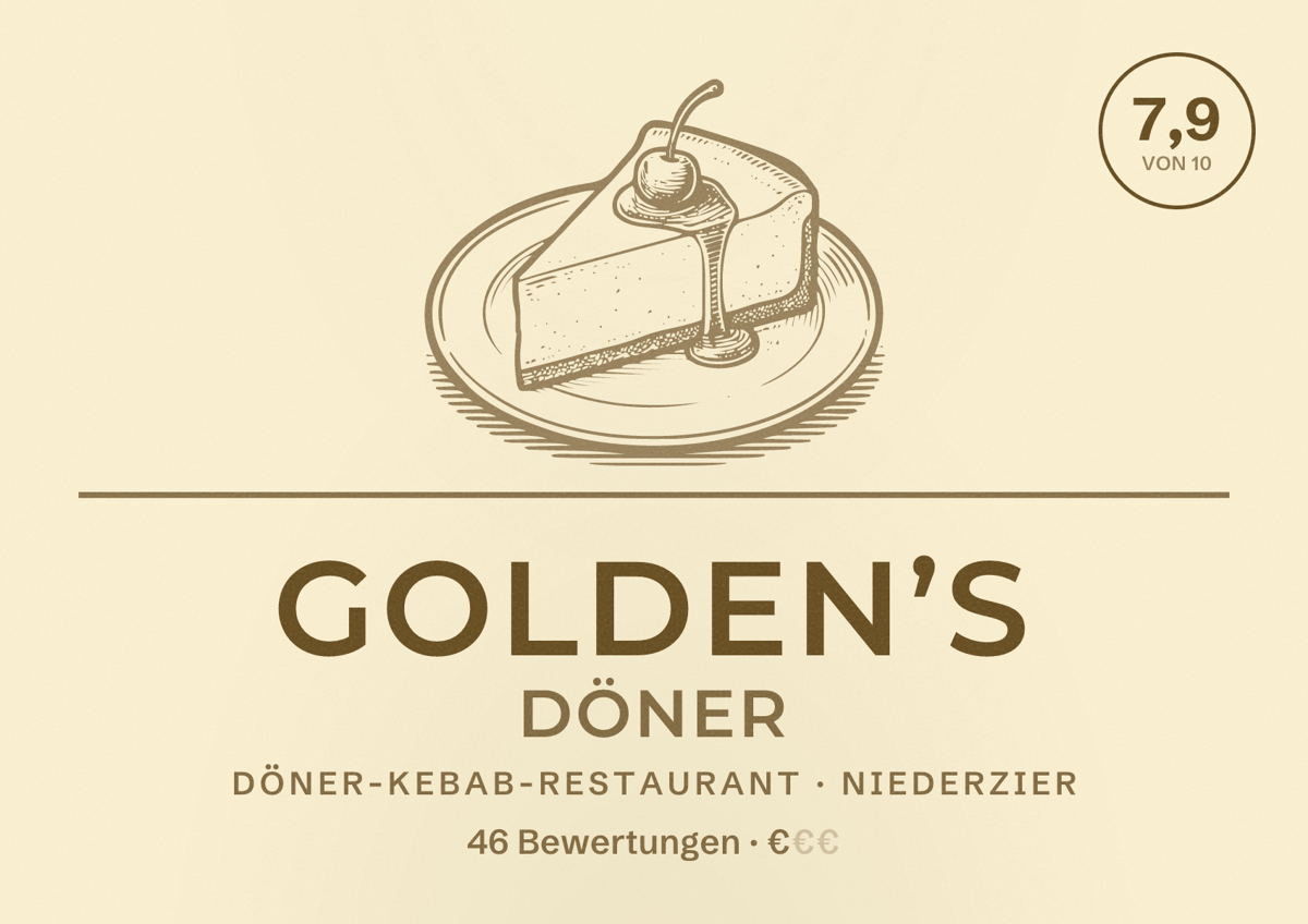 Illustriertes Poster von Golden’s Döner, Döner-Kebab-Restaurant in Niederzier: Bewertung 7,9 von 10 aus 46 Bewertungen, Preisniveau €