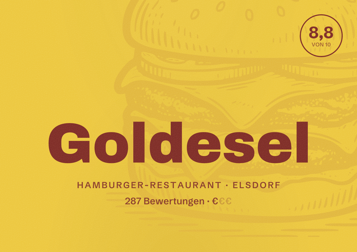 Illustriertes Poster von Goldesel, Hamburger-Restaurant in Elsdorf: Bewertung 8,8 von 10 aus 287 Bewertungen, Preisniveau €