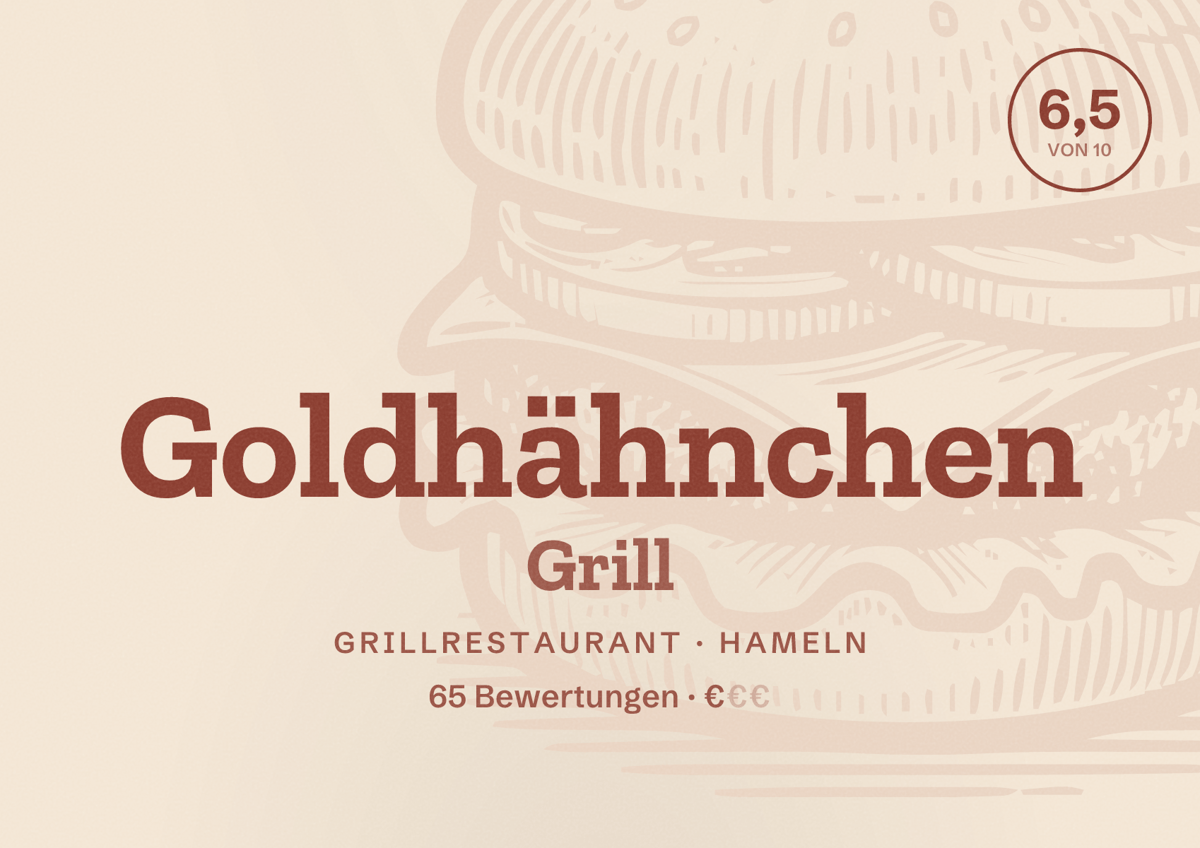 Illustriertes Poster von Goldhähnchen Grill, Grillrestaurant in Hameln: Bewertung 6,5 von 10 aus 65 Bewertungen, Preisniveau €