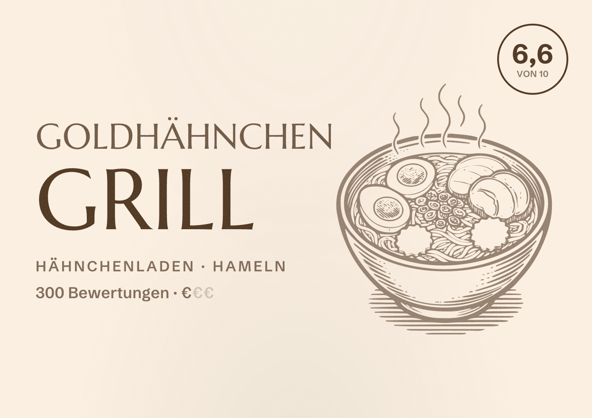 Illustriertes Poster von Goldhähnchen Grill, Hähnchenladen in Hameln: Bewertung 6,6 von 10 aus 300 Bewertungen, Preisniveau €