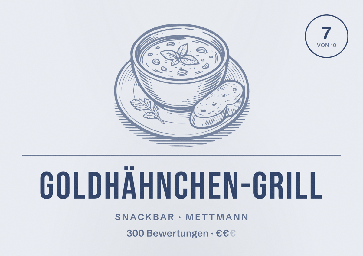 Illustriertes Poster von Goldhähnchen-Grill, Snackbar in Mettmann: Bewertung 7 von 10 aus 300 Bewertungen, Preisniveau €€