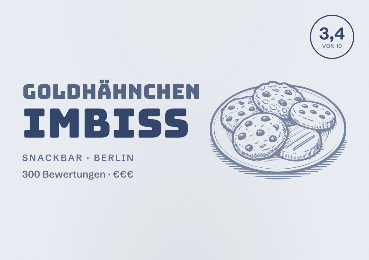 Illustriertes Poster von Goldhähnchen Imbiss, Snackbar in Berlin: Bewertung 3,4 von 10 aus 300 Bewertungen, Preisniveau €€€