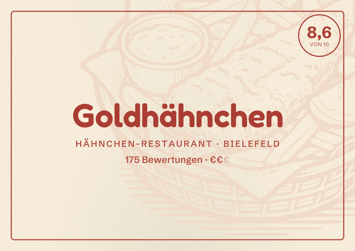 Illustriertes Poster von Goldhähnchen, Hähnchen-Restaurant in Bielefeld: Bewertung 8,6 von 10 aus 175 Bewertungen, Preisniveau €€