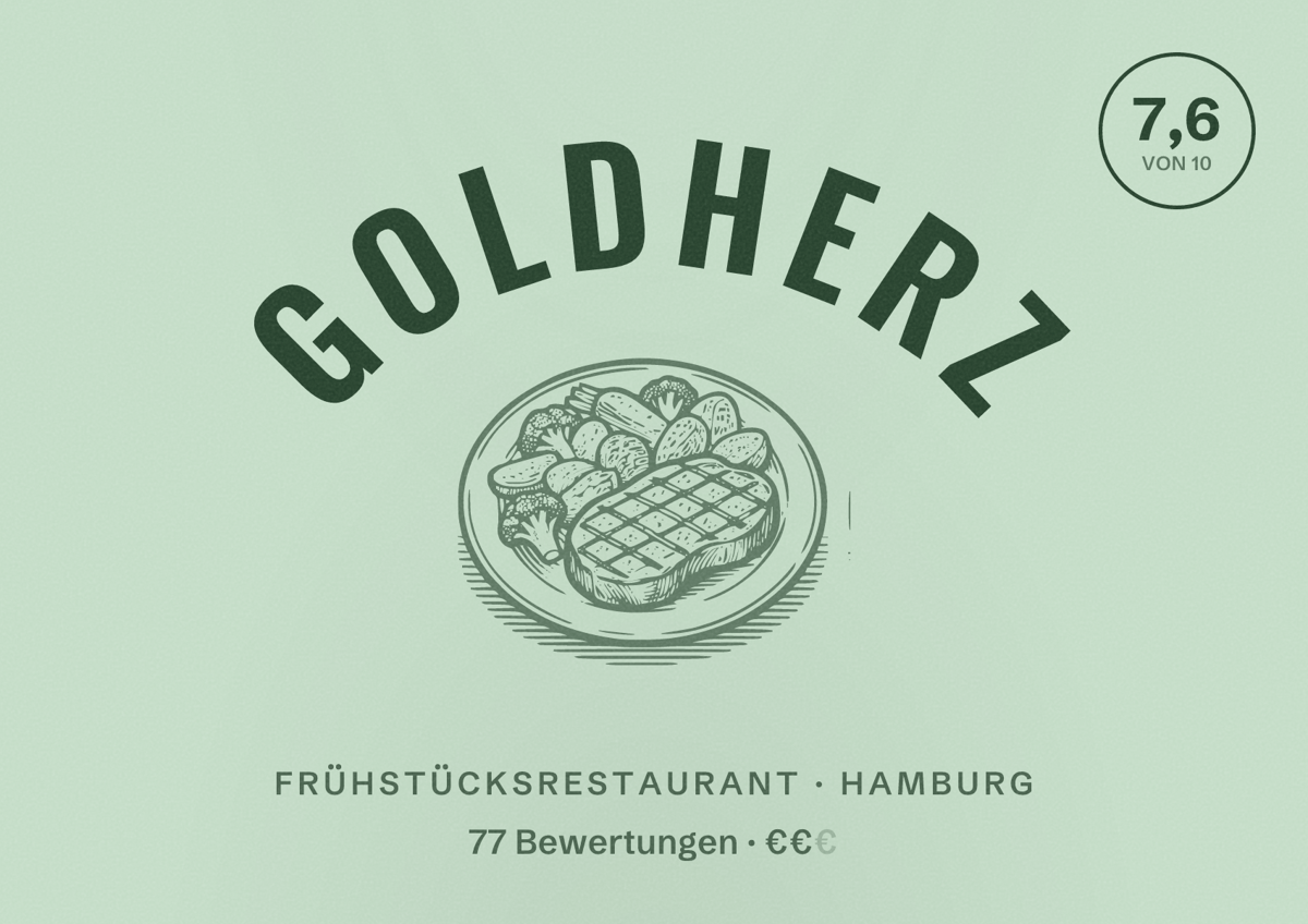 Illustriertes Poster von Goldherz, Frühstücksrestaurant in Hamburg: Bewertung 7,6 von 10 aus 77 Bewertungen, Preisniveau €€