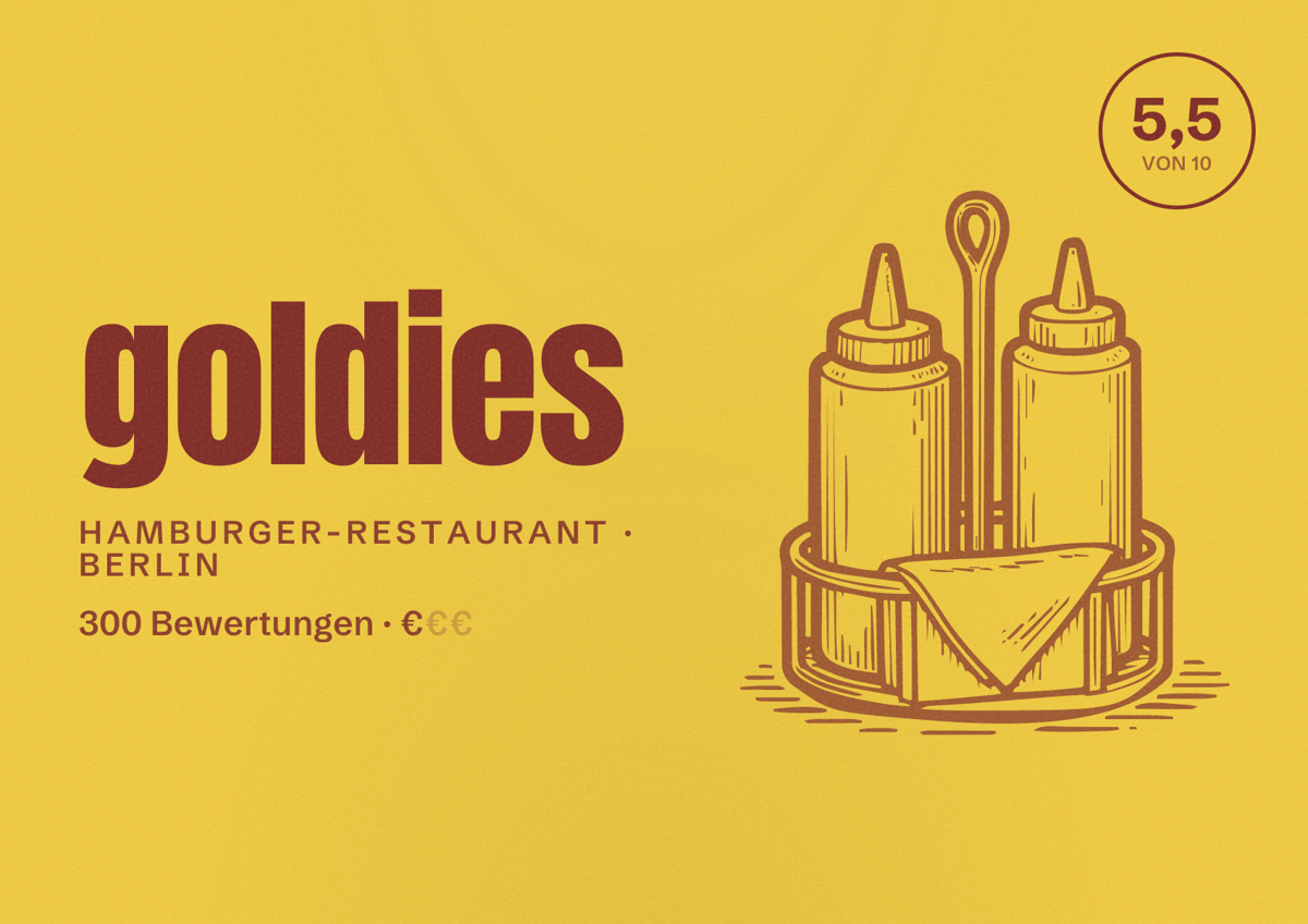 Illustriertes Poster von goldies, Hamburger-Restaurant in Berlin: Bewertung 5,5 von 10 aus 300 Bewertungen, Preisniveau €