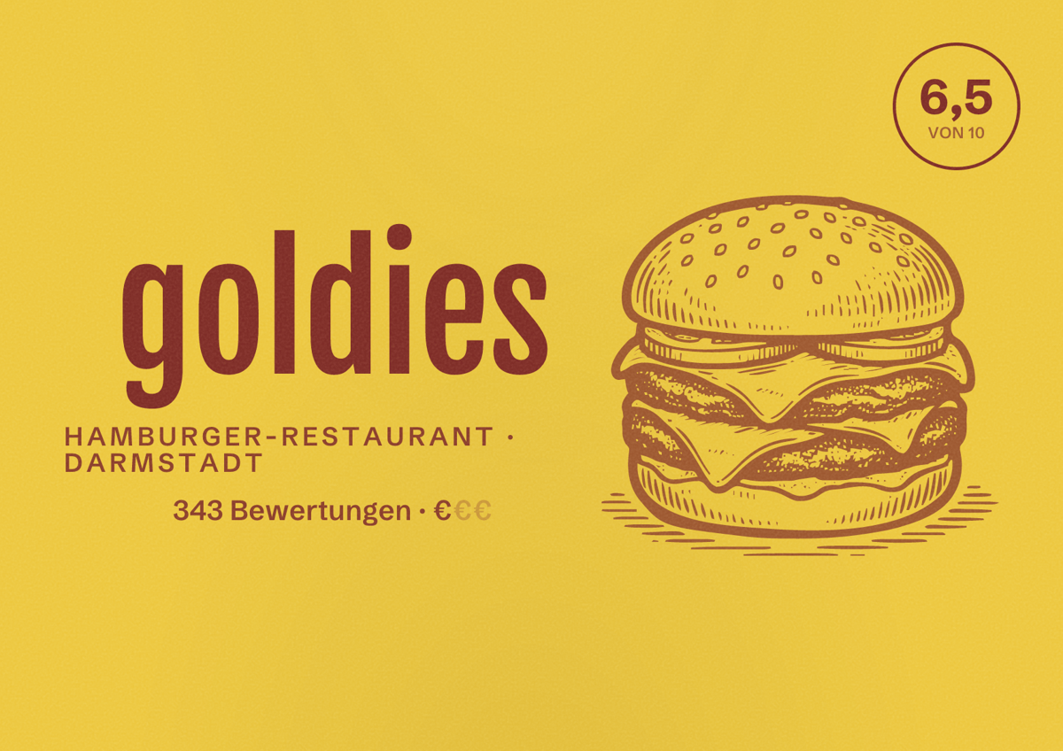 Illustriertes Poster von goldies, Hamburger-Restaurant in Darmstadt: Bewertung 6,5 von 10 aus 343 Bewertungen, Preisniveau €