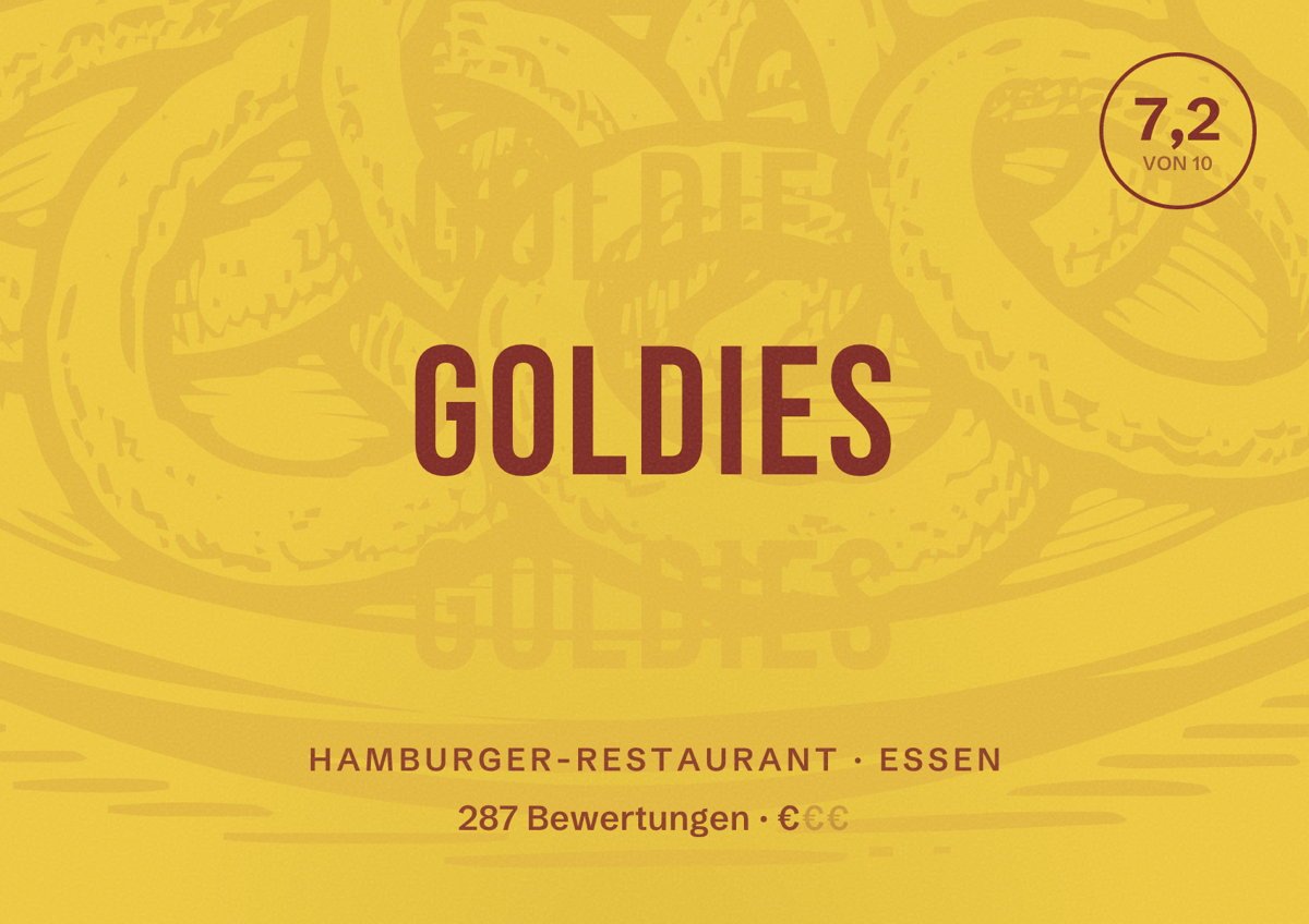 Illustriertes Poster von goldies, Hamburger-Restaurant in Essen: Bewertung 7,2 von 10 aus 287 Bewertungen, Preisniveau €