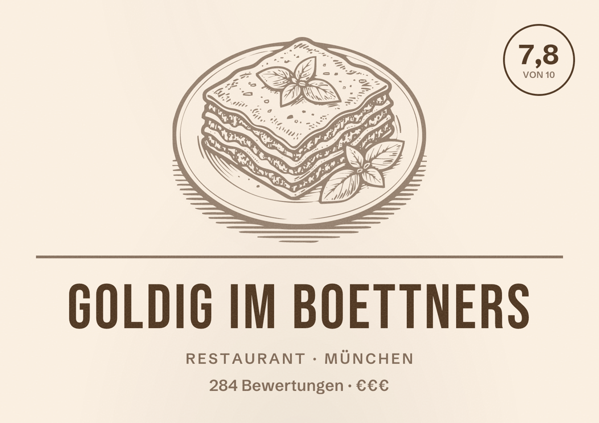 Illustriertes Poster von Goldig im Boettners, Restaurant in München: Bewertung 7,8 von 10 aus 284 Bewertungen, Preisniveau €€€