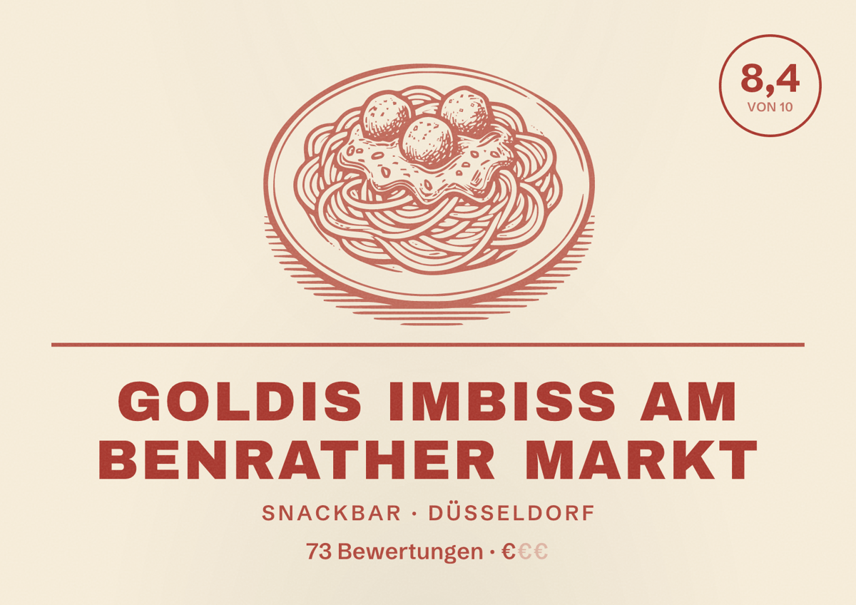 Illustriertes Poster von Goldis Imbiss am Benrather Markt, Snackbar in Düsseldorf: Bewertung 8,4 von 10 aus 73 Bewertungen, Preisniveau €