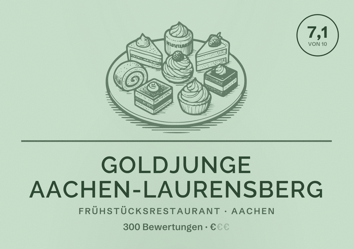 Illustriertes Poster von Goldjunge Aachen-Laurensberg, Frühstücksrestaurant in Aachen: Bewertung 7,1 von 10 aus 300 Bewertungen, Preisniveau €