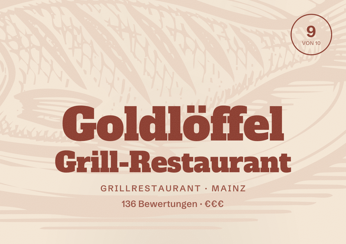 Illustriertes Poster von Goldlöffel Grill-Restaurant, Grillrestaurant in Mainz: Bewertung 9 von 10 aus 136 Bewertungen, Preisniveau €€€