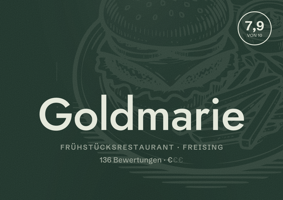 Illustriertes Poster von Goldmarie, Frühstücksrestaurant in Freising: Bewertung 7,9 von 10 aus 136 Bewertungen, Preisniveau €