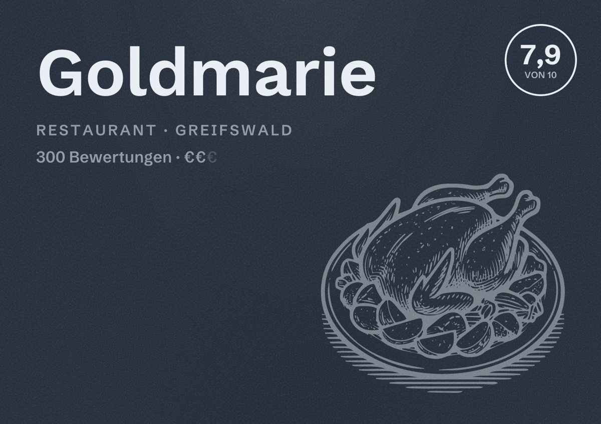 Illustriertes Poster von Goldmarie, Restaurant in Greifswald: Bewertung 7,9 von 10 aus 300 Bewertungen, Preisniveau €€